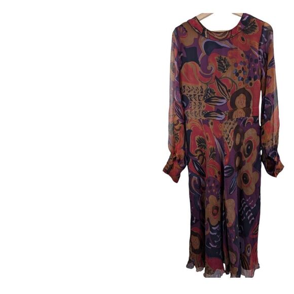 Vintage 100% Silk FLORAL midi dress ribbon tie long sleeves US size 6 - Picture 4 of 16